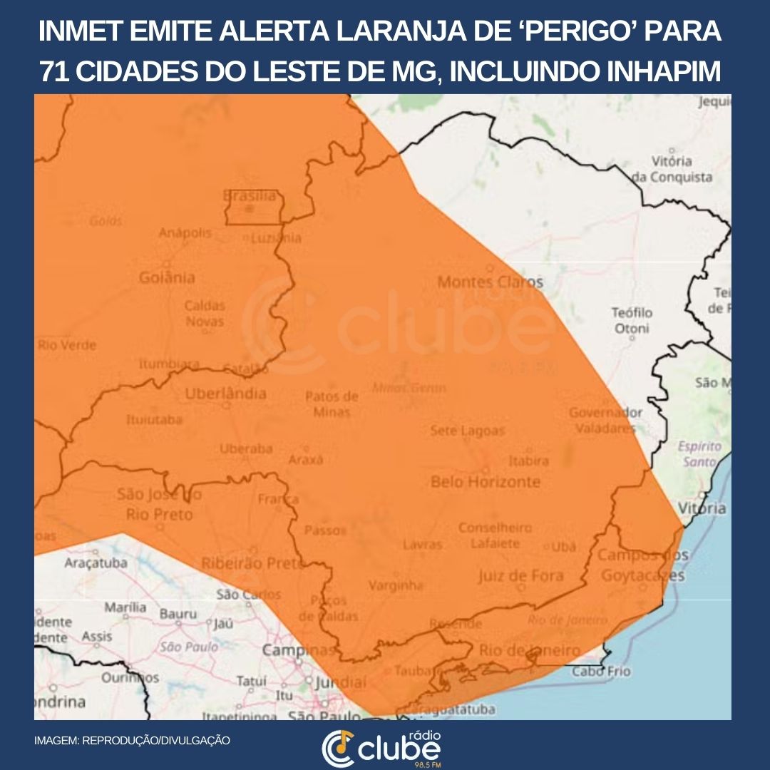 Inmet emite alerta laranja de ‘perigo’ para 71 cidades do Leste de MG, incluindo Inhapim
