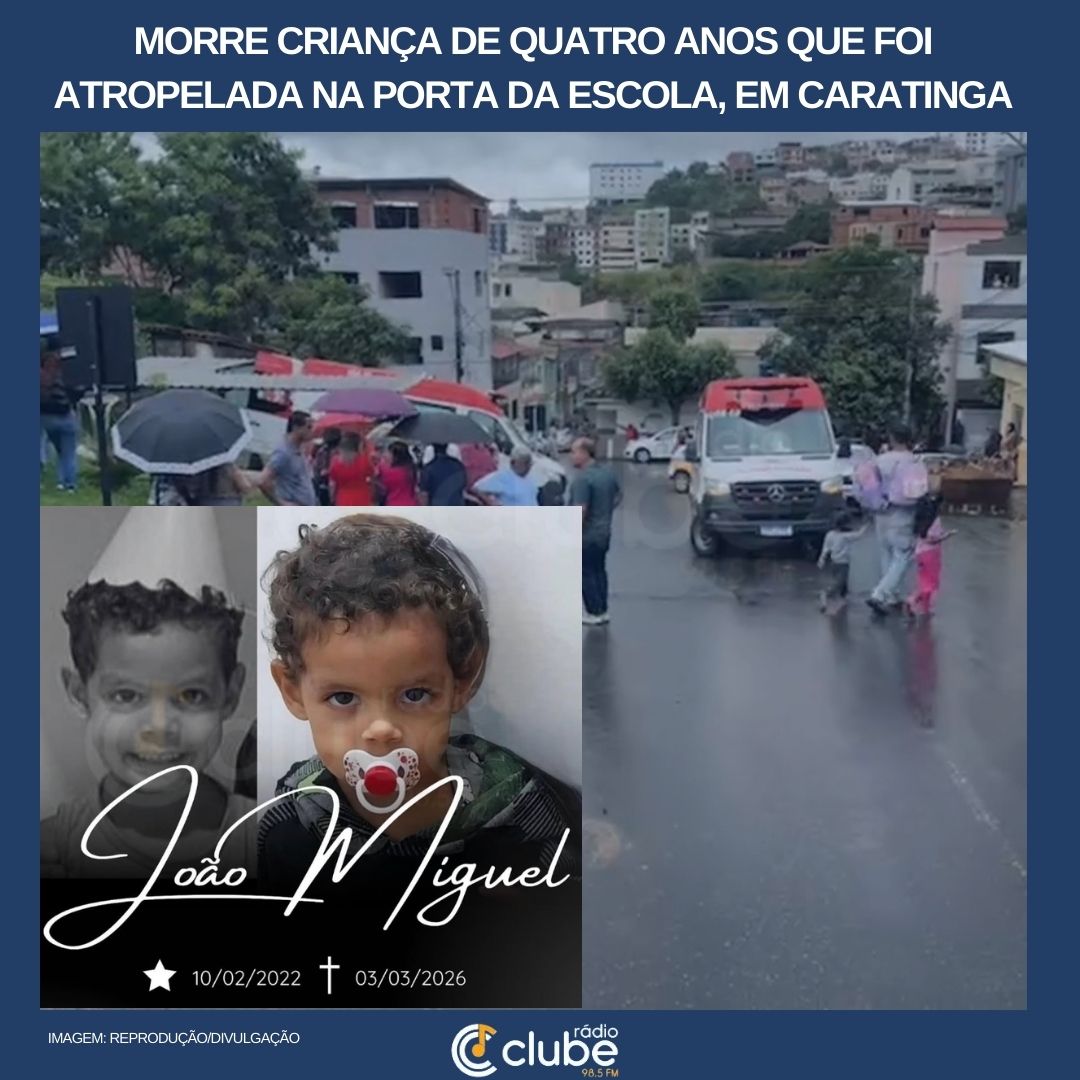 Morre criança de quatro anos que foi atropelada na porta da escola, em Caratinga