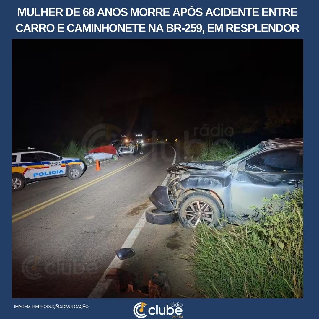 Mulher de 68 anos morre após acidente entre carro e caminhonete na BR-259, em Resplendor