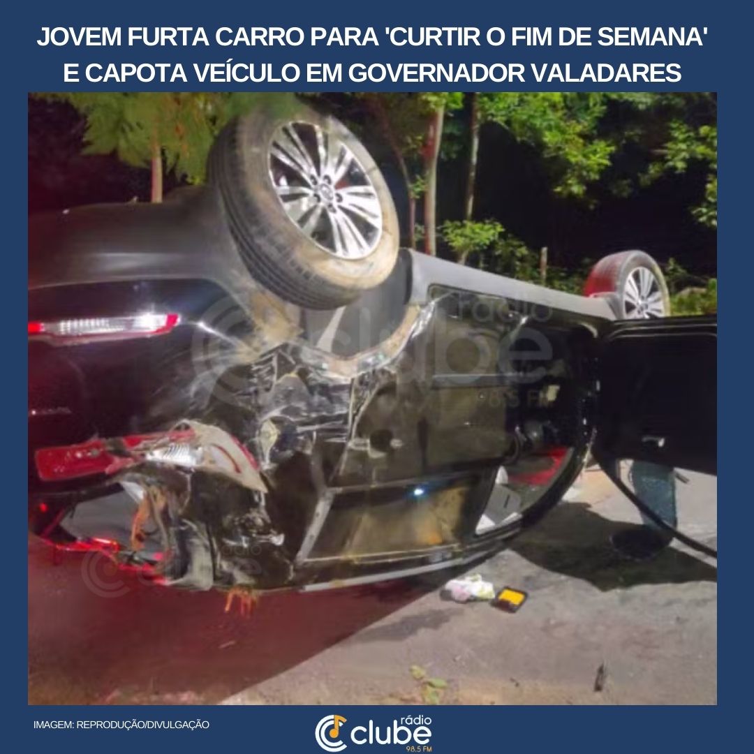 Jovem furta carro para ‘curtir o fim de semana’ e capota veículo em Governador Valadares