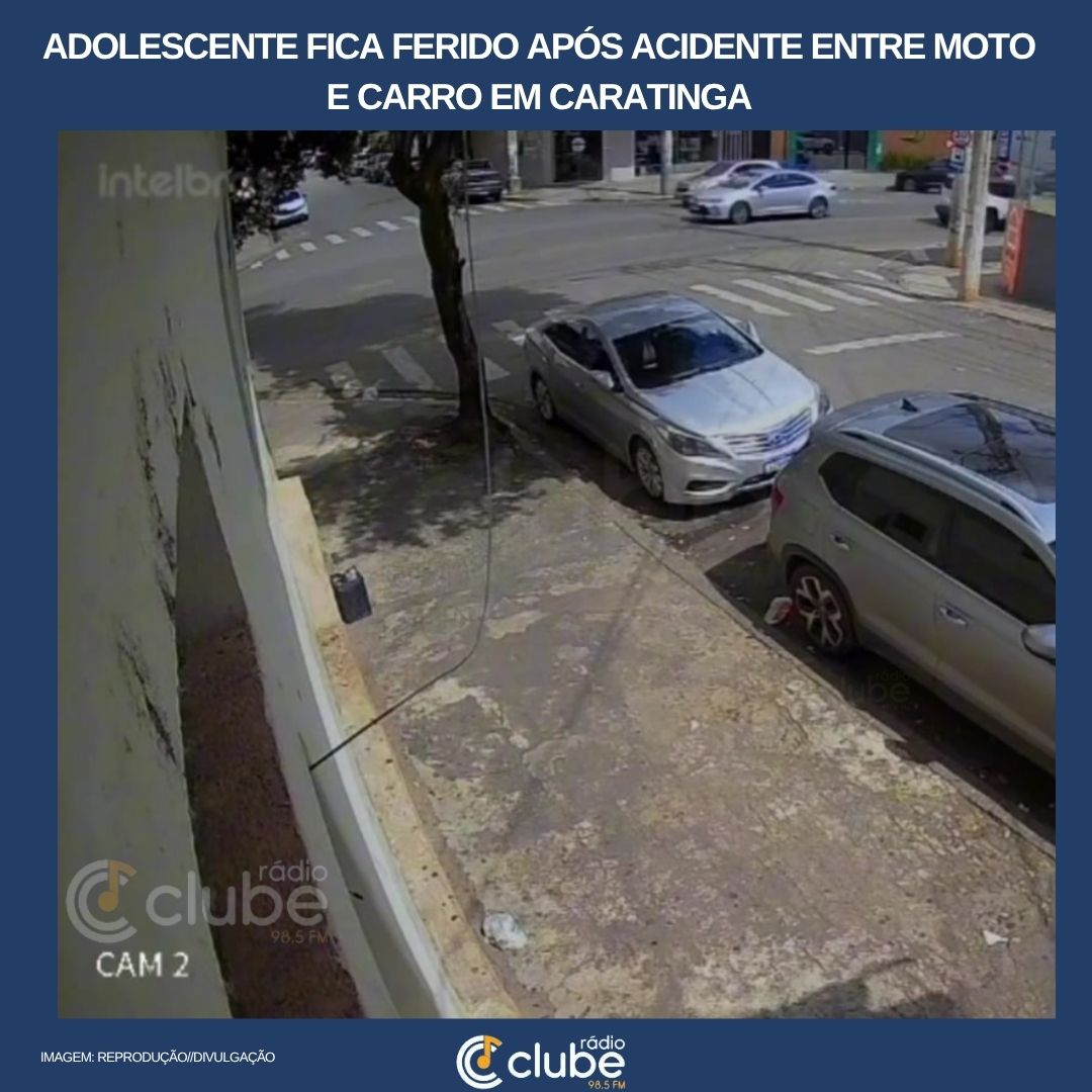 Adolescente fica ferido após acidente entre moto e carro em Caratinga