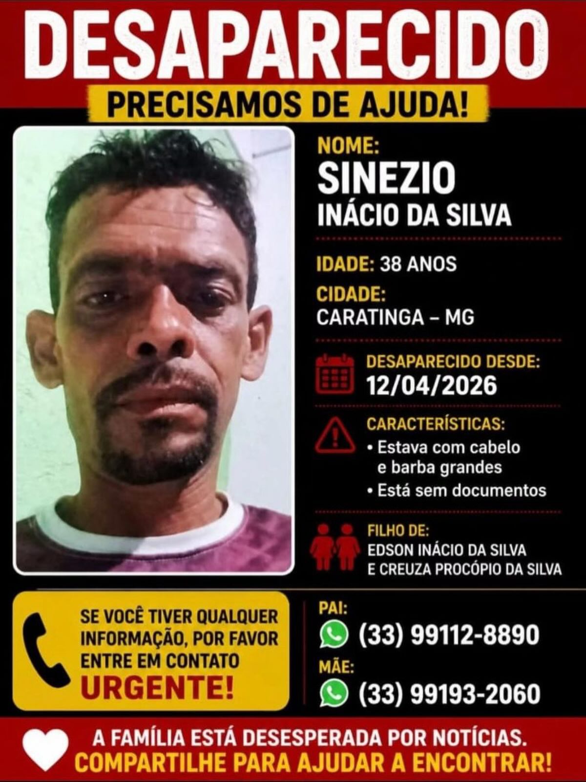 Desaparecido desde 12 de abril, homem de 38 anos é procurado pela família em Caratinga