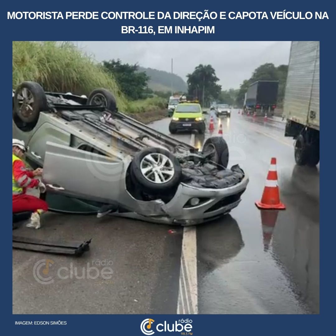 Motorista perde controle da direção e capota veículo na BR-116, em Inhapim