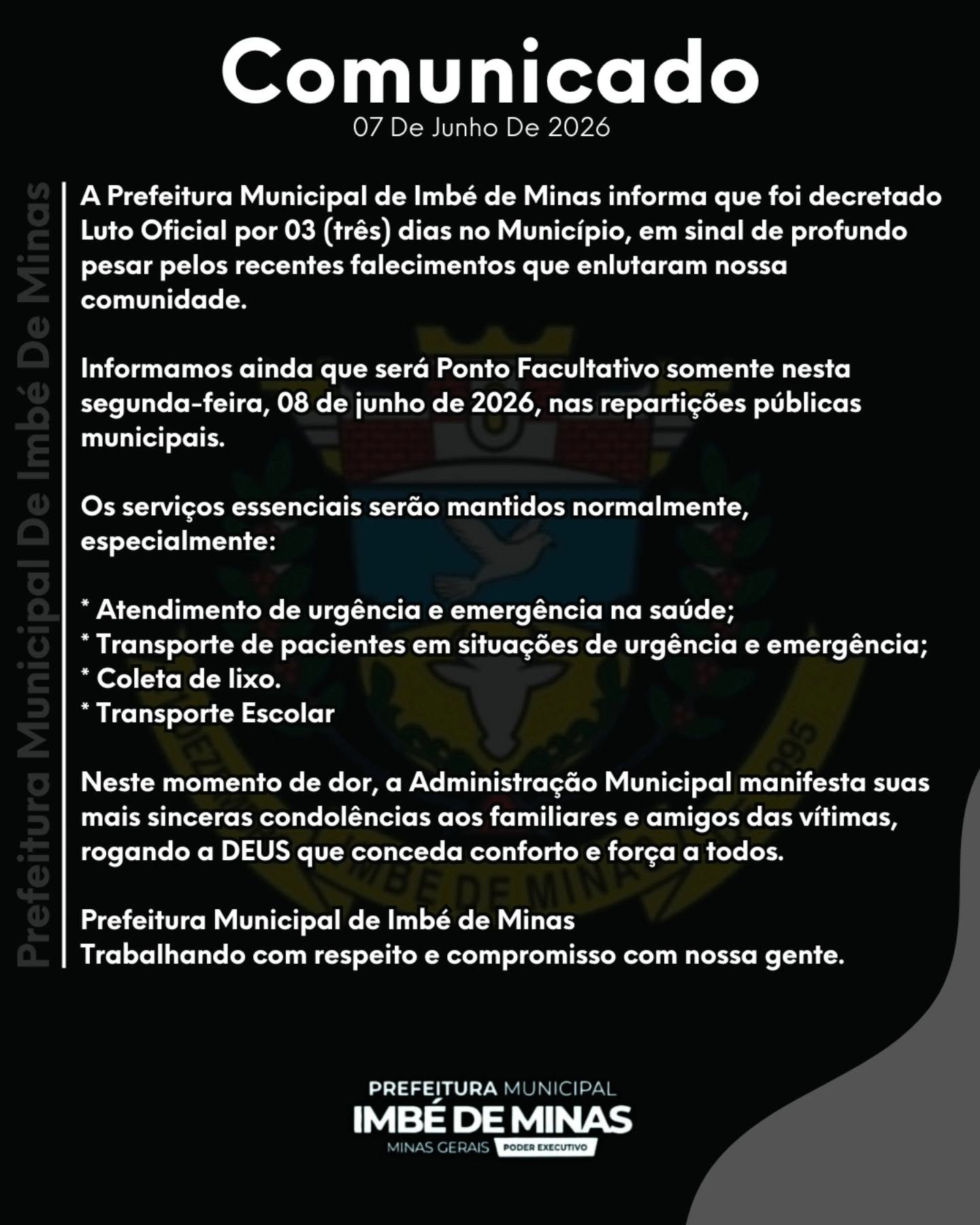 Prefeitura de Imbé de Minas decreta luto oficial de três dias após trágico acidente