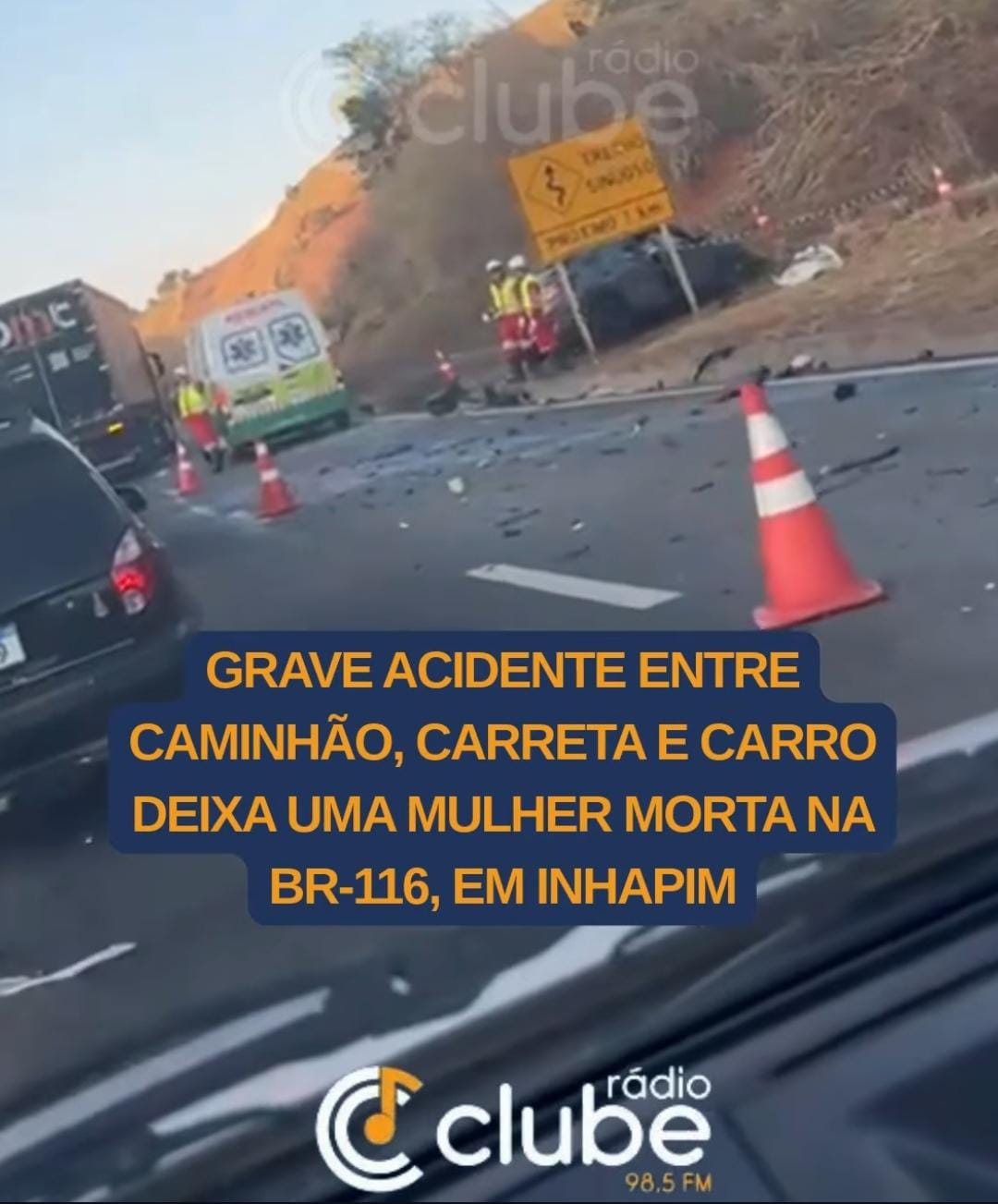 Grave acidente entre caminhão, carreta e carro deixa uma vítima fatal na BR-116, em Inhapim