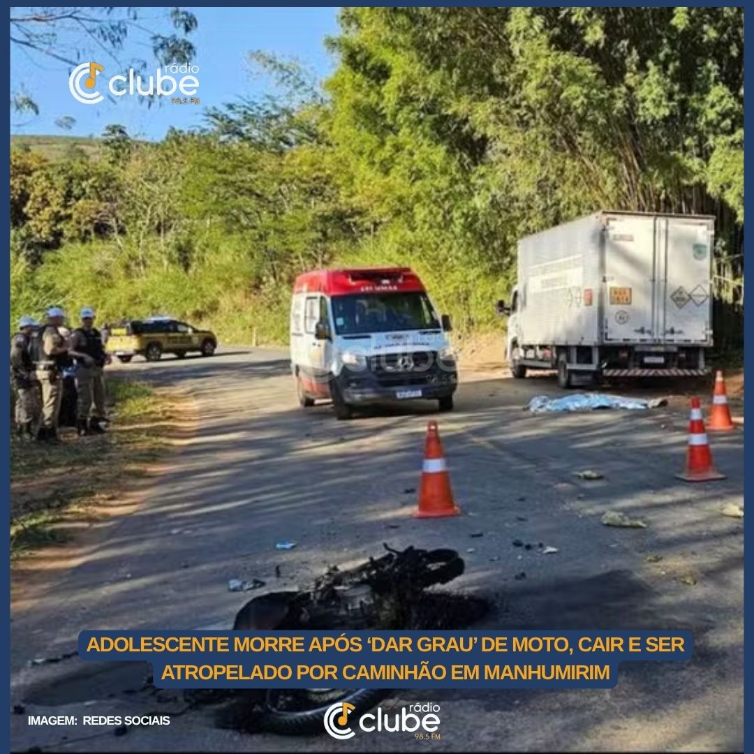 Adolescente morre após ‘dar grau’ de moto, cair e ser atropelado por caminhão em Manhumirim