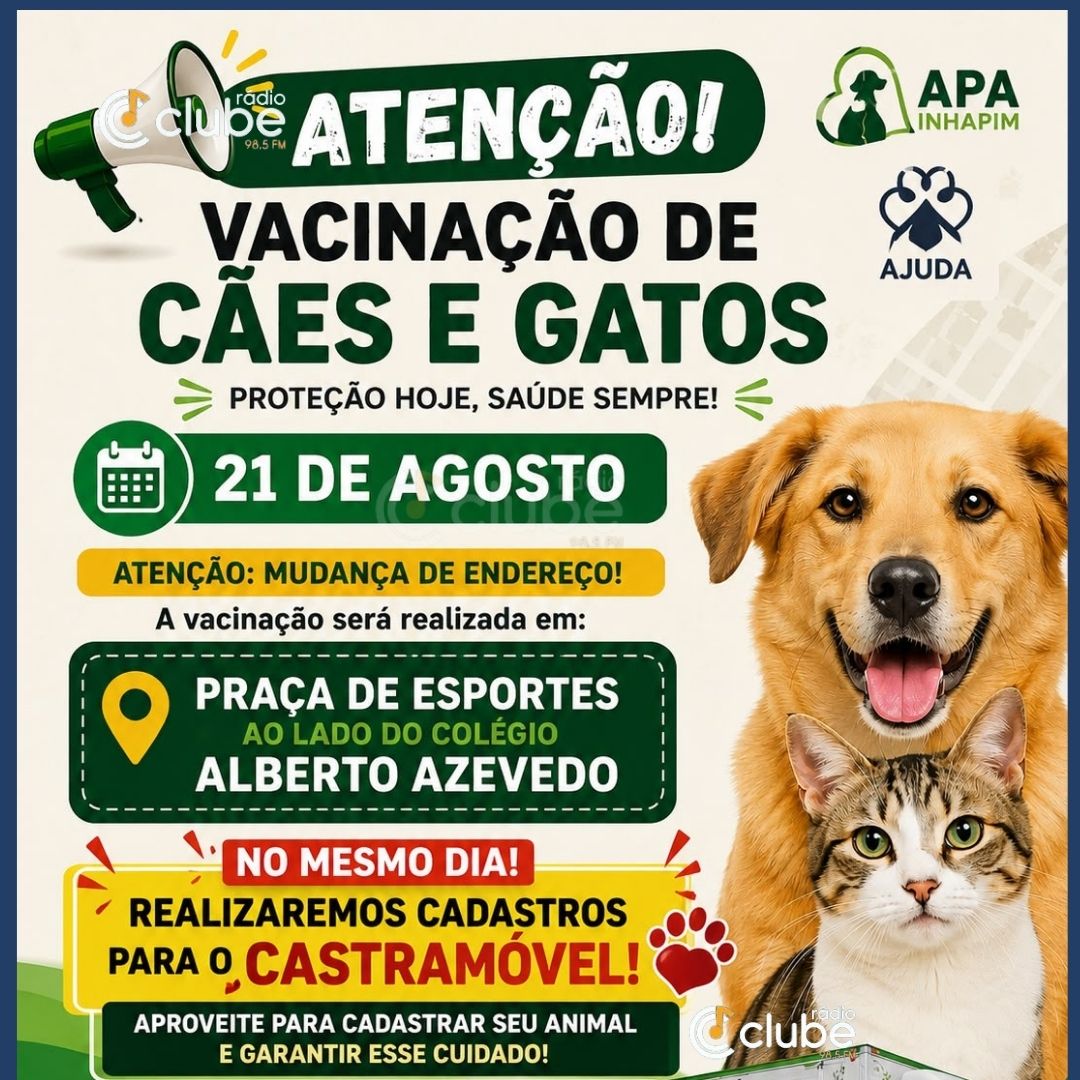APA e ONG Ajuda promovem dia gratuito de vacinação de cães e gatos em Inhapim