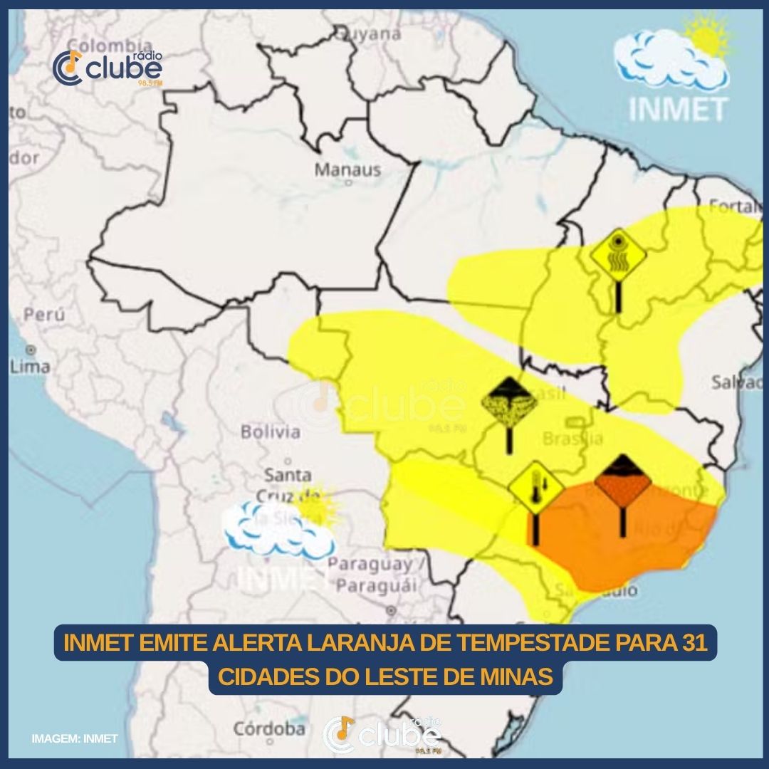 INMET EMITE ALERTA LARANJA DE TEMPESTADE PARA 31 CIDADES DO LESTE DE MINAS
