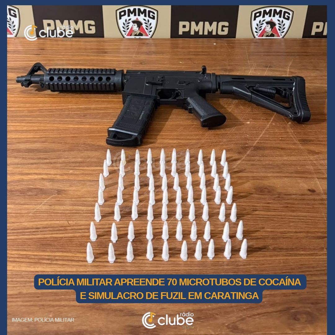 Polícia Militar apreende 70 microtubos de cocaína e simulacro de fuzil